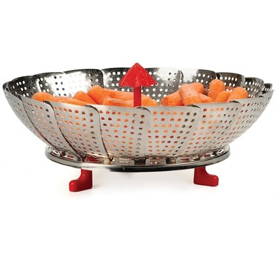 12-Inch Stainless Steel Vegetable Steamer with Red Silicone Feet and Handle