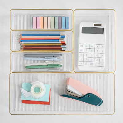 Martha Stewart 5pc Plastic Stackable Office Desk Drawer Organizers with Gold Trim ! Large, 1 Medium & 3 Small Clear