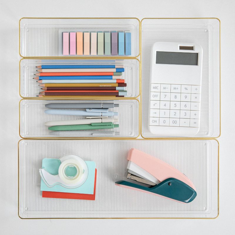 Martha Stewart 5pc Plastic Stackable Office Desk Drawer Organizers with Gold Trim ! Large, 1 Medium &#38; 3 Small Clear, 1 of 12