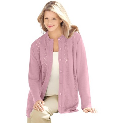 Woman Within Plus Size Long-Sleeve Pointelle Cardigan