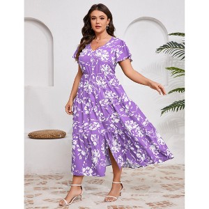 Plus Size Split Layered Hem Fake Button Short Sleeve Summer Maxi Dress - 1 of 3