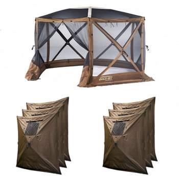 CLAM Quick-Set Escape 12 x 12 Foot Sky Screen Pop Up Camping Outdoor Gazebo 6 Sided Canopy Shelter + 6 Pack of Wind and Sun Panels, Brown