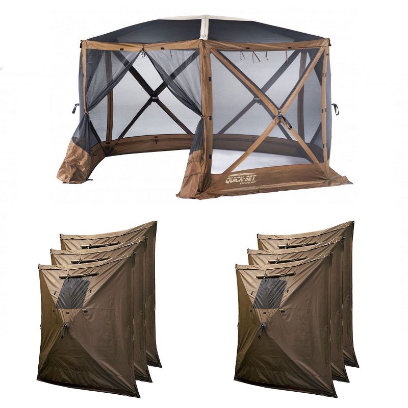 CLAM Quick-Set Escape 12 x 12 Foot Sky Screen Pop Up Camping Outdoor Gazebo 6 Sided Canopy Shelter + 6 Pack of Wind and Sun Panels, Brown, 1 of 7