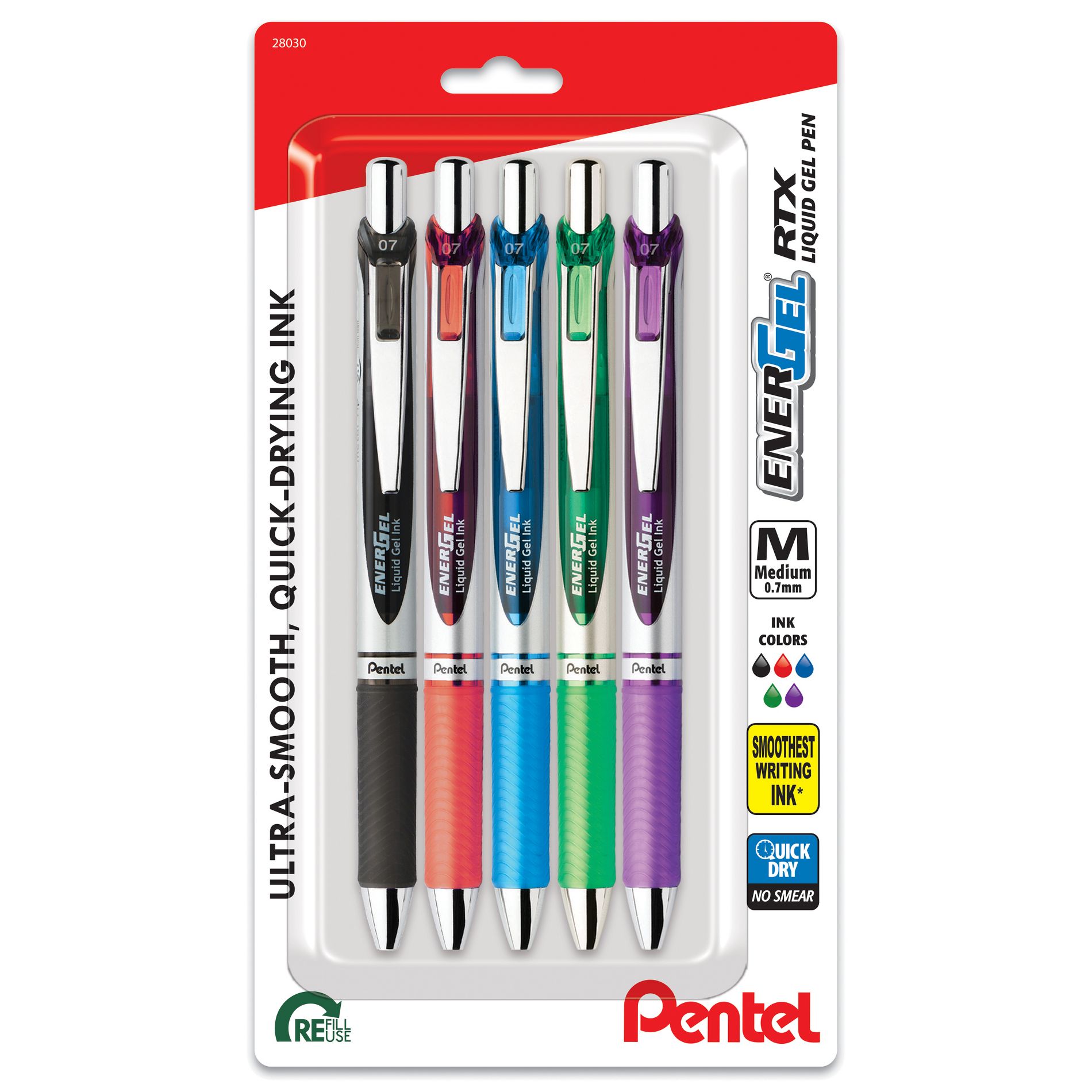 Pentel 5ct Rollergel Pens Energel 0.7mm Multiple Color Ink: Quick Drying, Retractable, Blue, Green, Black, Stationery Set