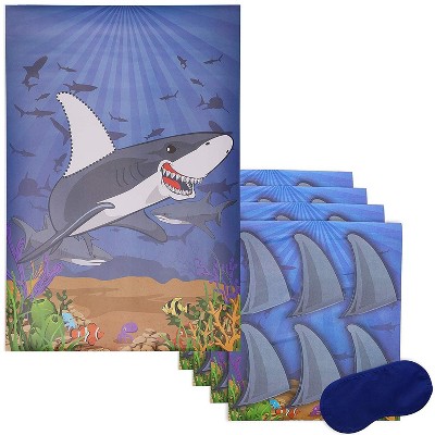 Juvale Pin The Fin On The Shark Game for Kid's Ocean Theme Birthday Party Supplies, Includes 2 Posters, 5 sheets of 30 stickers and 1 Eye Mask