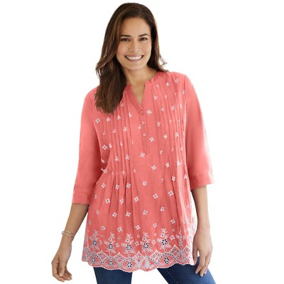 Woman Within Women's Plus Size Embroidered Pintuck Tunic