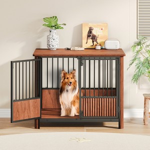 HTUTWOO Fluted Dog Crate, Walnut Wood Double Door Pet Kennel, Decorative Pet House & Indoor Side End Table for Medium & Large Dogs - 1 of 4