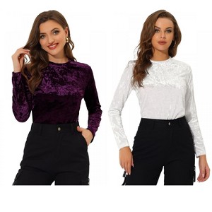 INSPIRE CHIC Women's Casual Vintage Velvet Crew Neck Long Sleeve T-shirts 2 Packs - 1 of 4