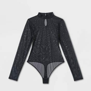 Women's Sequin Mesh Long Sleeve Lingerie Bodysuit - Auden™ Black