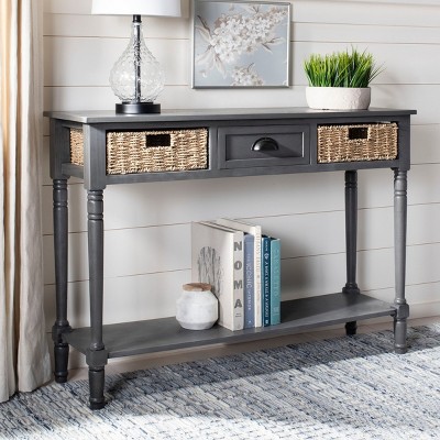 Gray Transitional Wood Console Table with Wicker Storage