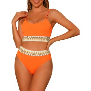 Elerevyo Women's High Waisted Ribbed Adjustable Spaghetti Straps Push Up Swimsuit Bathing Suits 2 Pcs - 1 of 4