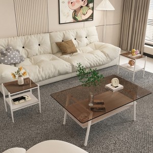 FONTOI Coffee Table Set of 3 with Glass Tabletop&Layer, Modern Table for Living Room Bedroom Office, Brown&White, 22.84"*16.73"*38.58" - 1 of 4