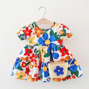 MyKids-USA Baby Floral Pattern Short Sleeve Crewneck Dress with Purse - 1 of 4