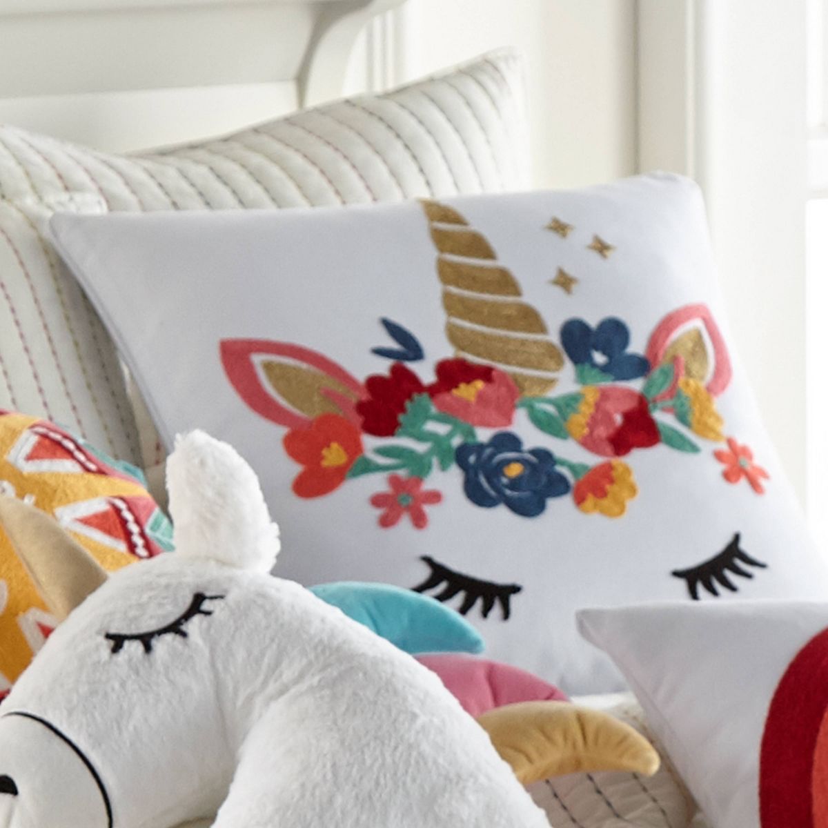 Monique Embroidered Unicorn Kids' Pillow - Homthreads: Modern Square Throw Pillow, Cotton, Multicolor, 18"x18" - thumbnail 2
