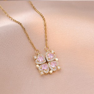 Heart-to-Heart Clover Necklace - Gold Square Earrings and Simple Necklaces Set - Transformable Jewelry with Zirconia Decoration, Gold - 1 of 4