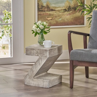 12.5in Outdoor Mid Century Modern Side Table, Patio Z-shape End Table, Lightweight Concrete Accent Table Nightstand