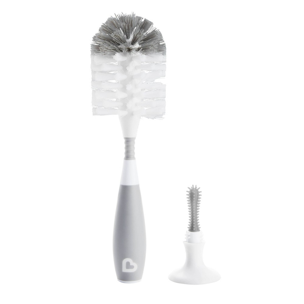 Munchkin Bristle Bottle Brush  Includes Suction Cup Base and Bonus Rubber Nipple  Grey