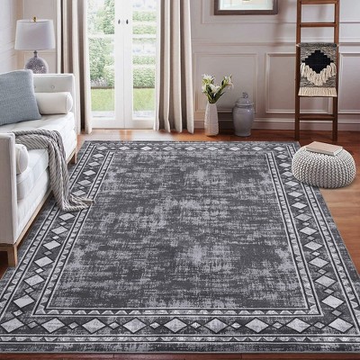 Modern Bordered Machine Washable Area Rug Geometric Border Carpet for Living Room Bedroom