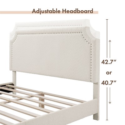 White Boucle Upholstered Queen Bed with Nailhead Trim and Wood Frame