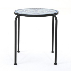 GDFStudio Delaney Outdoor Ceramic Tile Side Table, Black/Blue/White - 1 of 4
