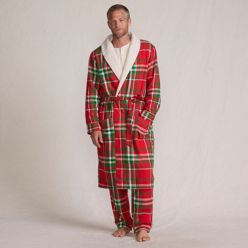 Lands' End Men's High Pile Fleece Lined Flannel Robe - Large - Compass Red/Emerald Plaid