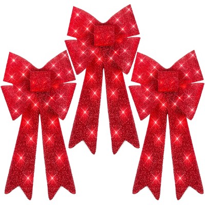 Best Choice Products Set of 3 Pre-Lit Christmas Bows, Indoor/Outdoor LED Holiday Décor w/ 8 Light Functions
