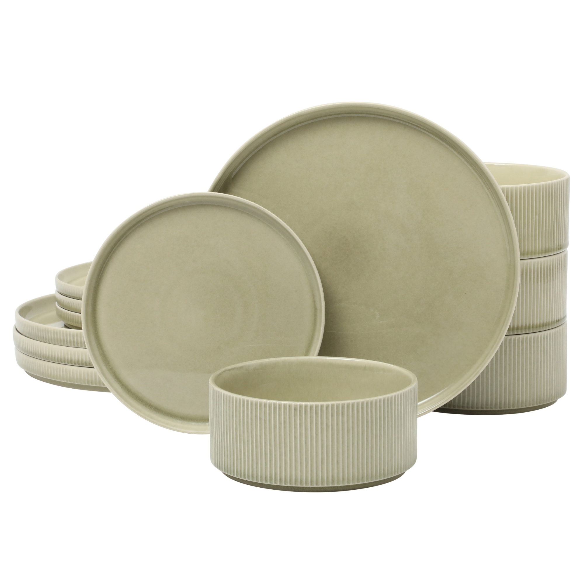 Gibson Elite Solana Coast 12 Piece Stoneware Reactive Glaze (Service for 4) Ceramic Plates and Bowls Modern Shape Embossed Dinnerware Set - Green
