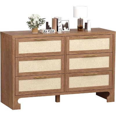 6-Drawer Burlap Style Wooden Dresser, Rustic Storage Chest of Drawers for Bedroom, Closet, Nursery, Living Room and Hallway