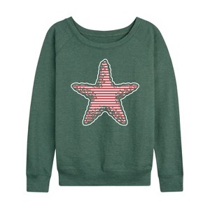 Women's - Instant Message - Nautical Striped Starfish Lightweight French Terry Wide Neck Long Sleeve Graphic Shirt - 1 of 4