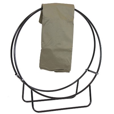 Sunnydaze Outdoor Heavy-Duty Steel Firewood Log Hoop Storage Rack with Weather-Resistant PVC Log Hoop Cover - 40" - Khaki