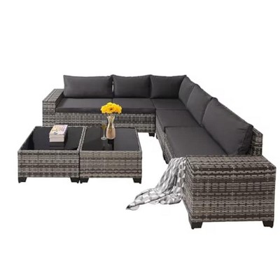 Maggift 7-Piece Patio Seating Set, All-Weather Wicker Rattan Sectional Sofa with Two Side Tables for Poolside, Patio, Gray, 41.3" * 28.3" * 29.3"