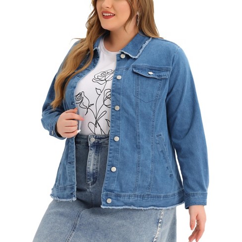 Agnes Orinda Women s Plus Size Classic Denim Frayed Washed Jean Jackets Denim Blue 4X