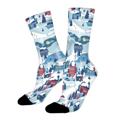 Holiday Scapes Snowy Village Women Printed Crew Socks Funny Funky Socks Soft Polyester Novelty Gifts for Artists Men
