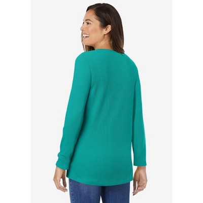 Plus Size Teal V-Neck Embroidered Thermal Henley Tee