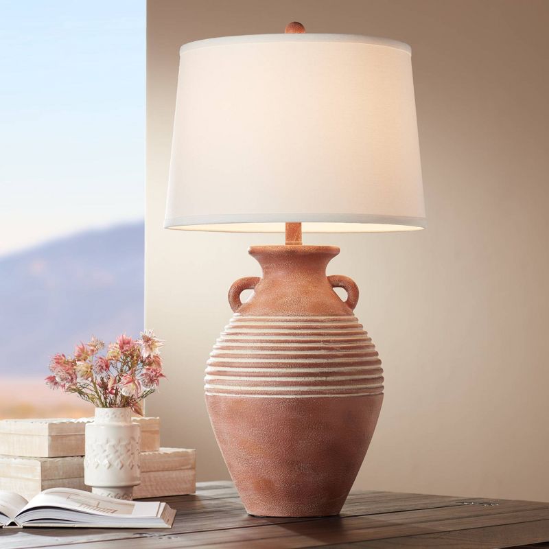 John Timberland Sierra Rustic Table Lamp Southwest 30" Tall Red Brown Sandstone Linen Drum Shade for Bedroom Living Room Bedside Nightstand Office, 2 of 10