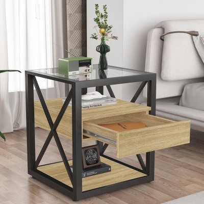 NicBex Industrial 3-Tier End Table with Drawer, Tempered Glass & Metal Frame Side Table, Modern Nightstand for Bedroom, Living Room Small Table