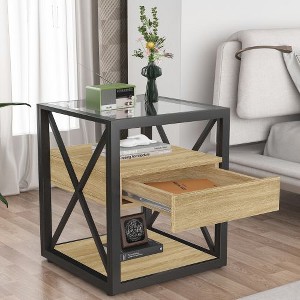 NicBex Industrial 3-Tier End Table with Drawer, Tempered Glass & Metal Frame Side Table, Modern Nightstand for Bedroom, Living Room Small Table - 1 of 4