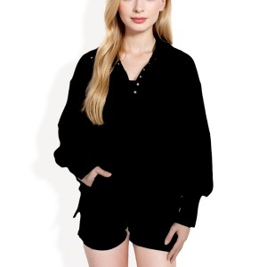 Anna-Kaci Women's Long Sleeve Pullover Hoodie with Button Neck and Raw Hem Detail - 1 of 4