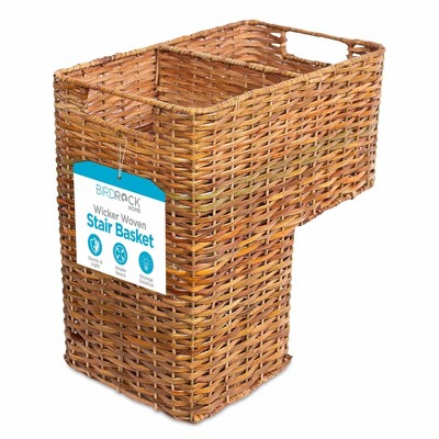 BIRDROCK HOME Stair Basket for Staircases – Wicker Woven Storage Bin with Handles – Large Rectangular Organizer Basket for Clutter, Natural Brown