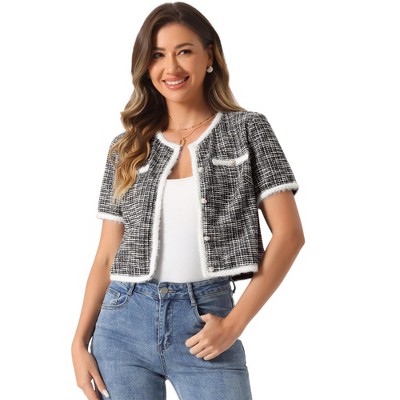 Allegra K Women's Tweed Knit Crew Neck Short Sleeve Cropped Casual Cardigan Jackets