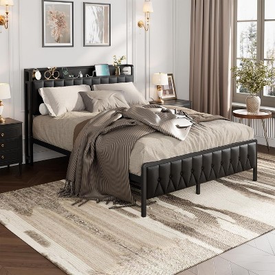 coucheta Full/Queen/King Platform Bed Frame with PU Faux Leather, Headboard with Charging Station and Storage, Noise-Free, No Box Spring Needed