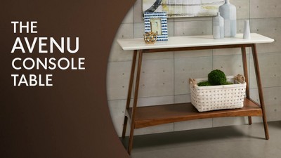 Mid-Century Off-White and Pecan Console Table with Storage Shelf