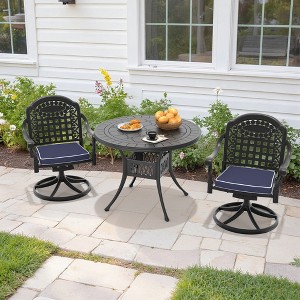 5-Piece Round Cast Aluminum Patio Set with Swivel Chairs,Blue Cushions - 1 of 4