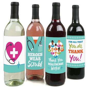 Big Dot of Happiness Thank You Healthcare Workers - Doctor and Nurse Appreciation Decorations for Women & Men - Wine Bottle Label Stickers - Set of 4