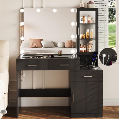 Makeup Vanity with Large Mirror, Glass Top & Charging Station, 3 Lighting Modes