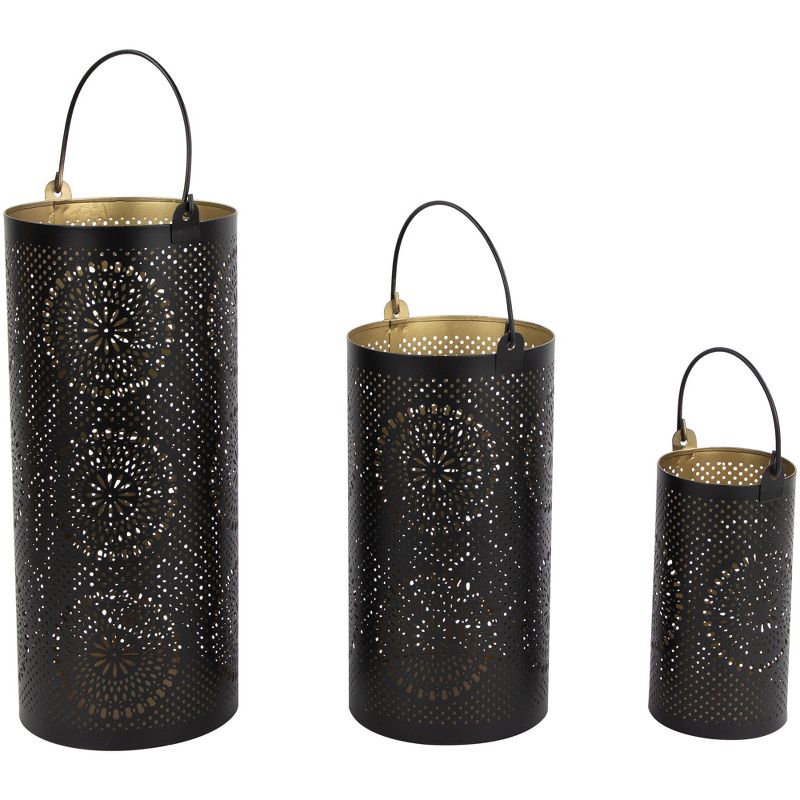 Northlight Set of 3 Black and Gold Laser-Cut Floral Pillar Candle Lanterns 12.5", 5 of 8