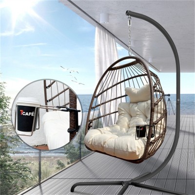 SKRAN Patio Wicker folding Hanging Chair, Swing Egg Chair with Stand Wicker Rattan, Patio Basket Hanging Chair with Bracket , with cushion and pillow