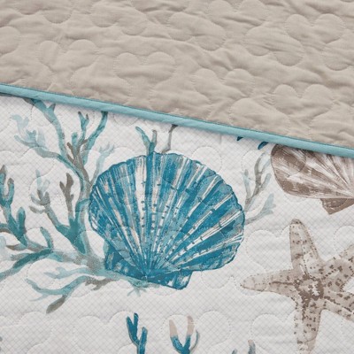 King Aqua Cotton Reversible Coastal Quilt Set