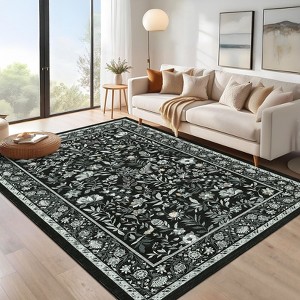 Botanical Area Rugs for Living Room Floral Leaves Pattern Rug Washable Farmhouse Soft Non-Slip Accent Carpet - 1 of 4