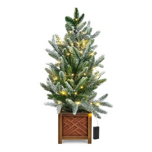 Mini Prelit Snow Flocked Artificial Christmas Tree, Small Potted Xmas Tree ,   Wooden Brown Pot, - 1 of 4